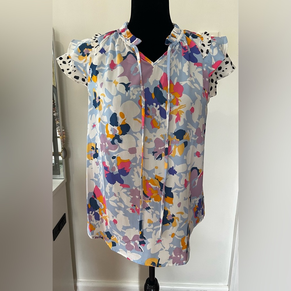 Floral Ruffle Sleeve Blouse w/ Dalmatian Print Detail | Colorful Boho Top - Picture 3 of 7